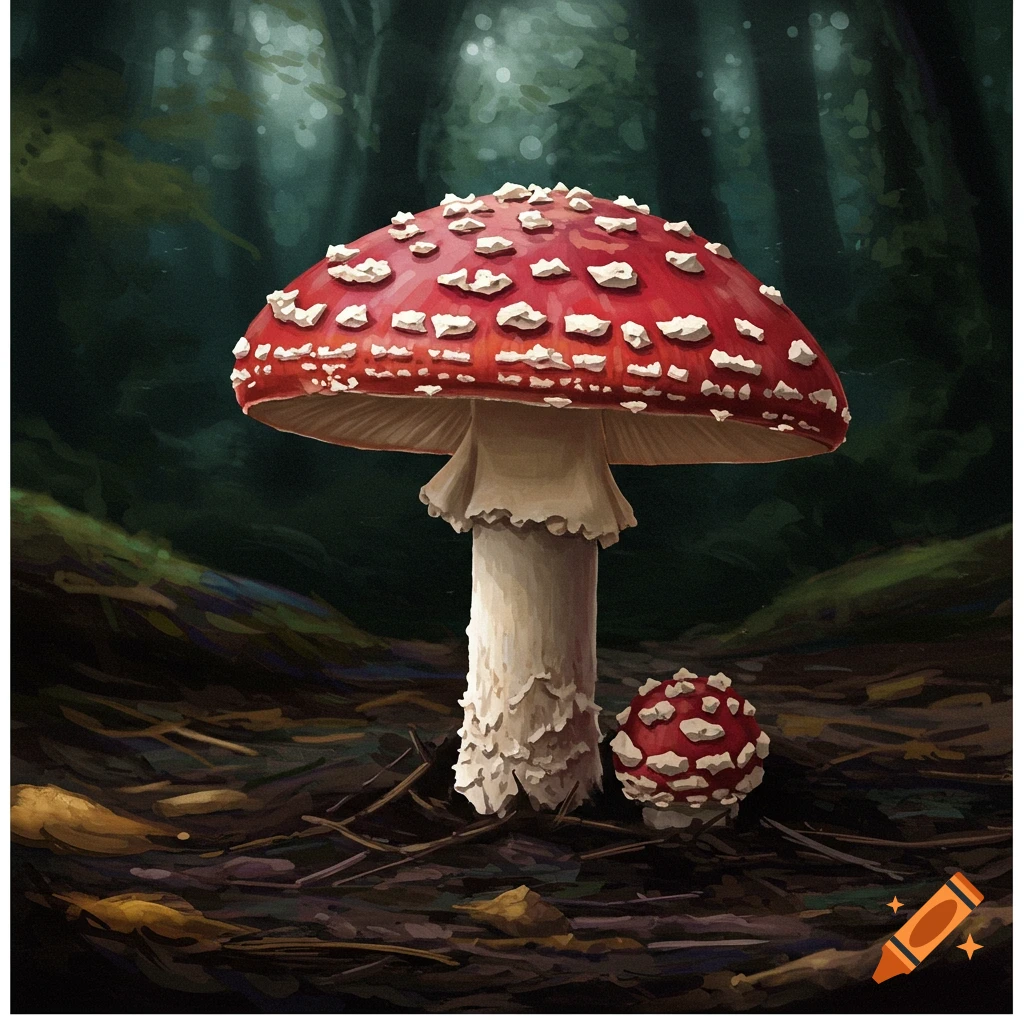 A large red and white spotted mushroom and a smaller one grow on the forest floor in a dark, painterly scene.
