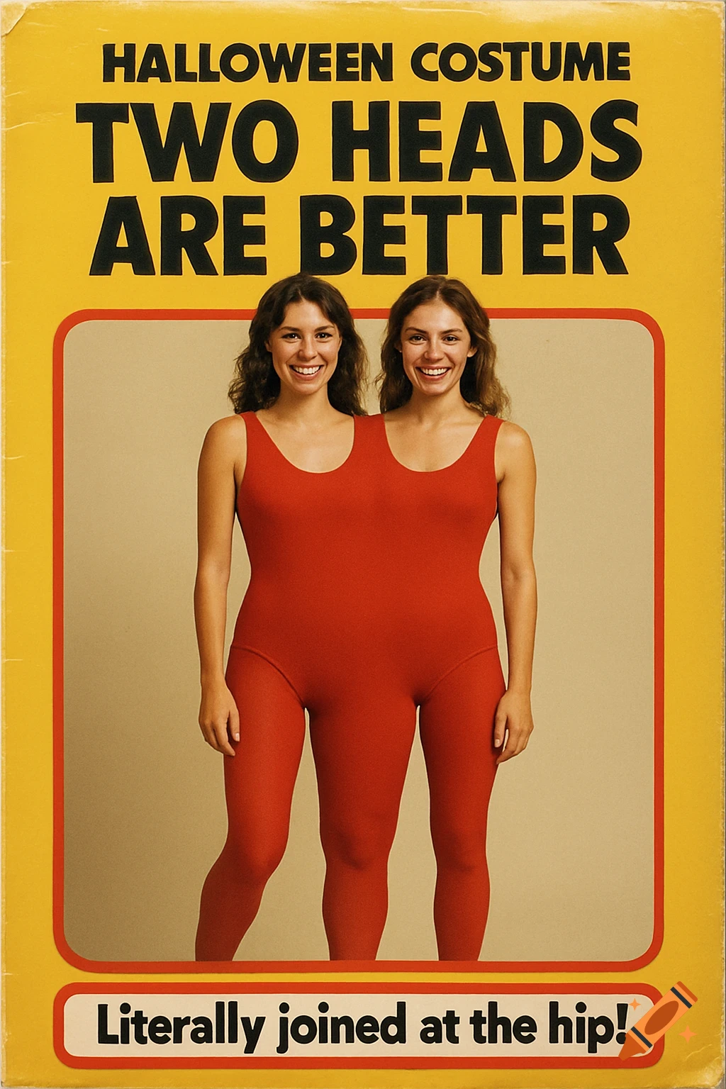 Vintage Halloween costume package photo showing two women in a red conjoined costume, text 'Two Heads Are Better'.