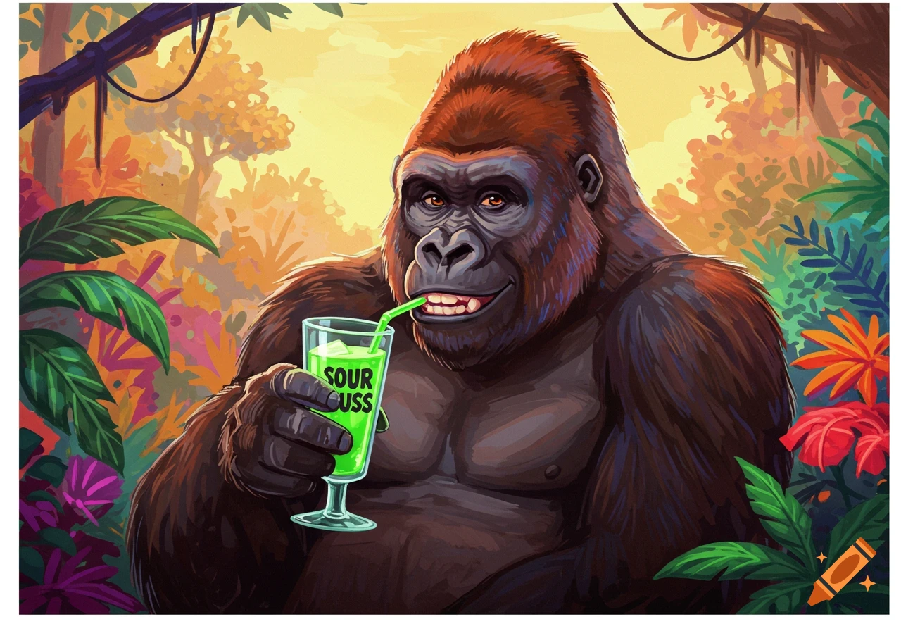 Cartoon gorilla drinks a green liquid with a straw in a colorful jungle.