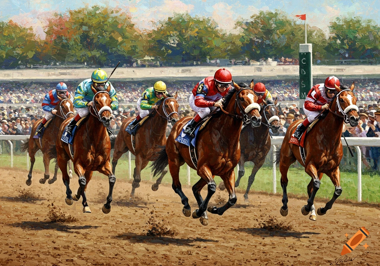 Jockeys on horses racing on a dirt track in a vibrant, dynamic painting style.