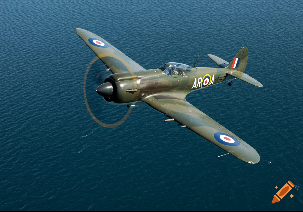 A green World War II era propeller plane flies over the ocean.
