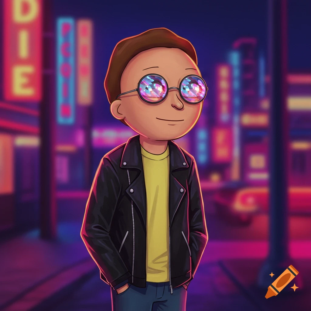 Cartoon Morty wearing a leather jacket and round glasses, standing in front of a blurred neon city background.