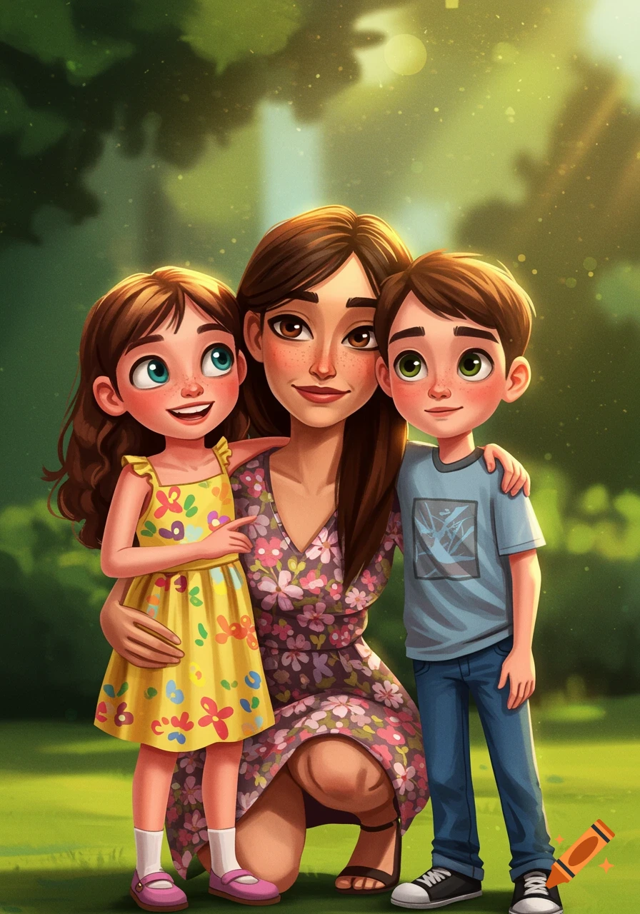 Digital illustration of a mother with her daughter and son outdoors
