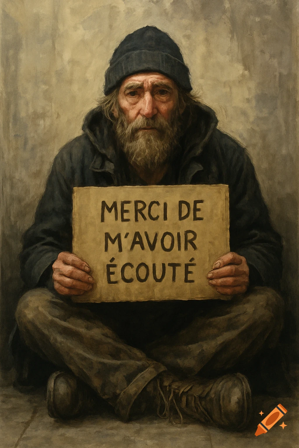 Portrait of an old homeless man sitting and holding a sign with French text, painted style.