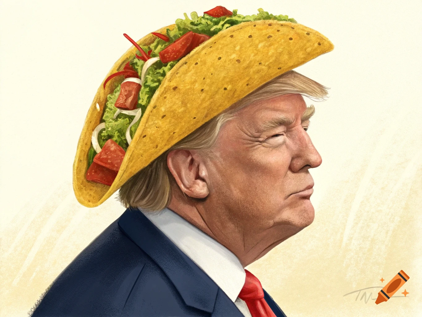 Illustration of Donald Trump wearing a taco on his head on Craiyon