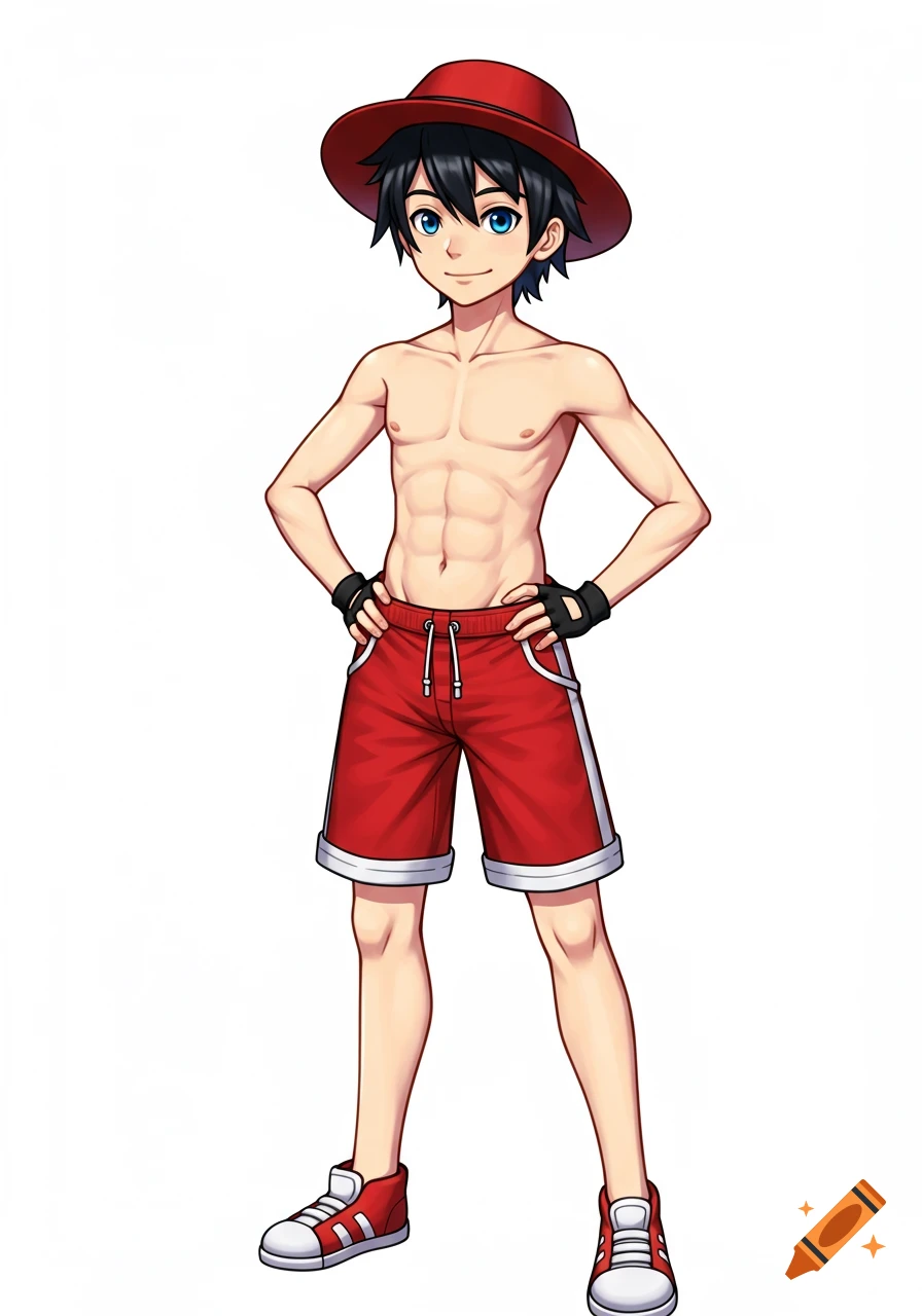 Anime boy with black hair, blue eyes, red hat and shorts, hands on hips, smiling.