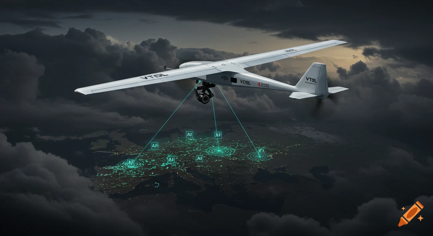 A VTOL drone flies over a darkened map displaying glowing cybernetic points and lines, under dark clouds.