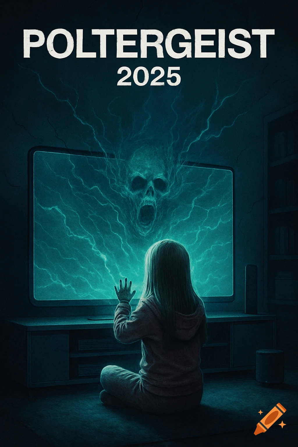 Child watches a TV screen showing a screaming skull and lightning, with the title POLTERGEIST 2025 above.