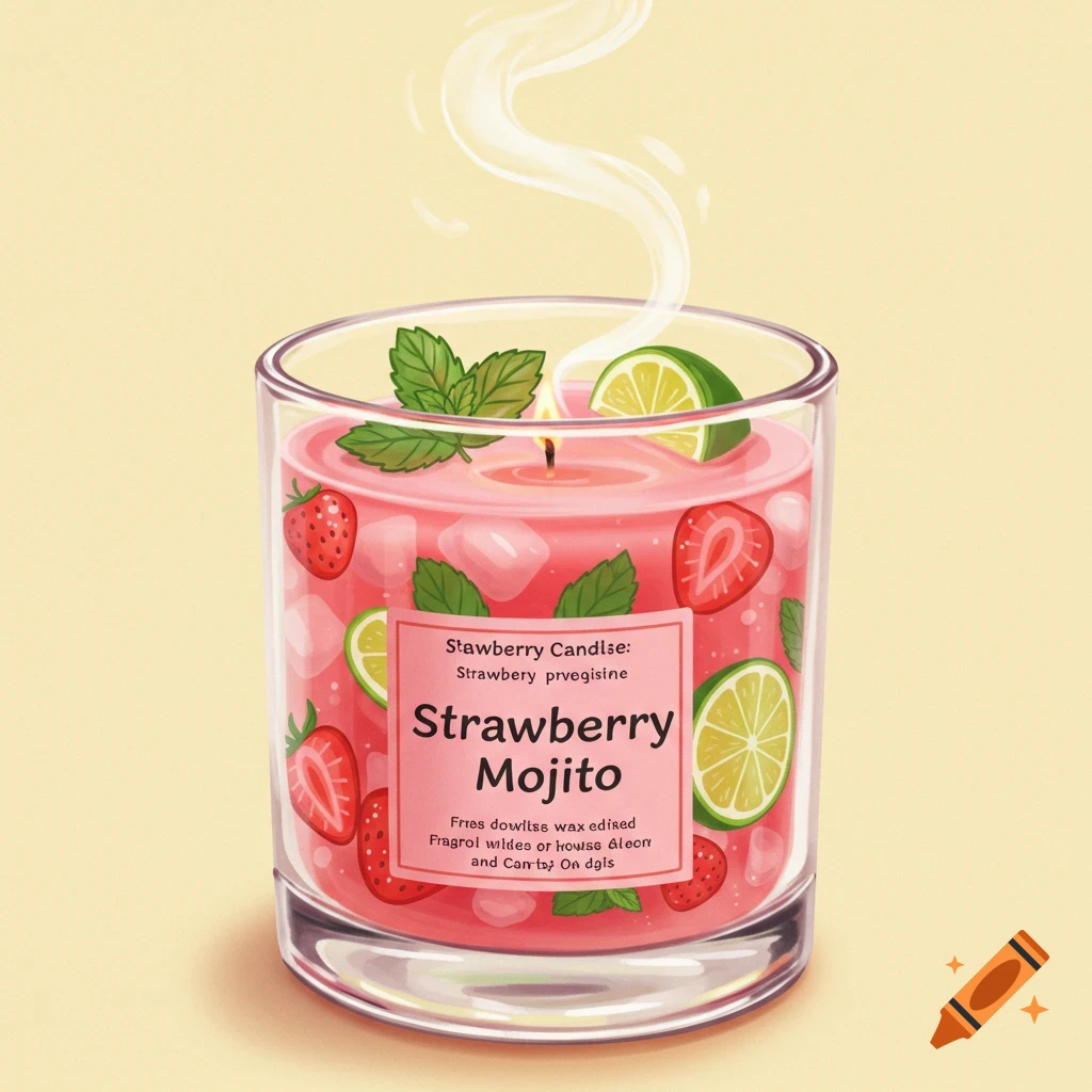 Illustration of a strawberry mojito candle with fruit and mint