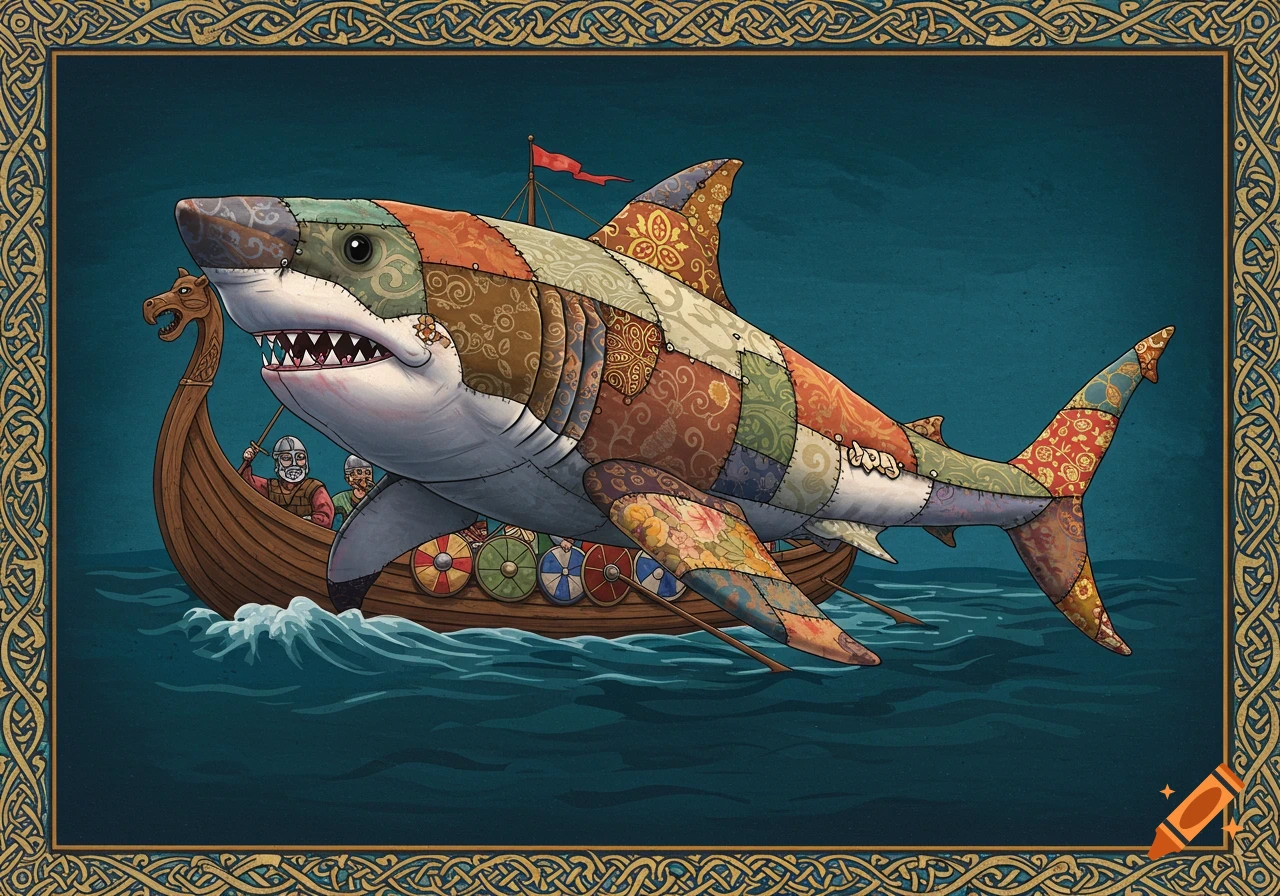 A large patchwork shark swims past a Viking longship with Vikings, set against a dark blue background with a decorative border.