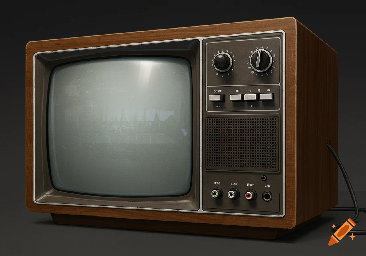 Skeuomorphism styled vintage television with wood casing and analog controls