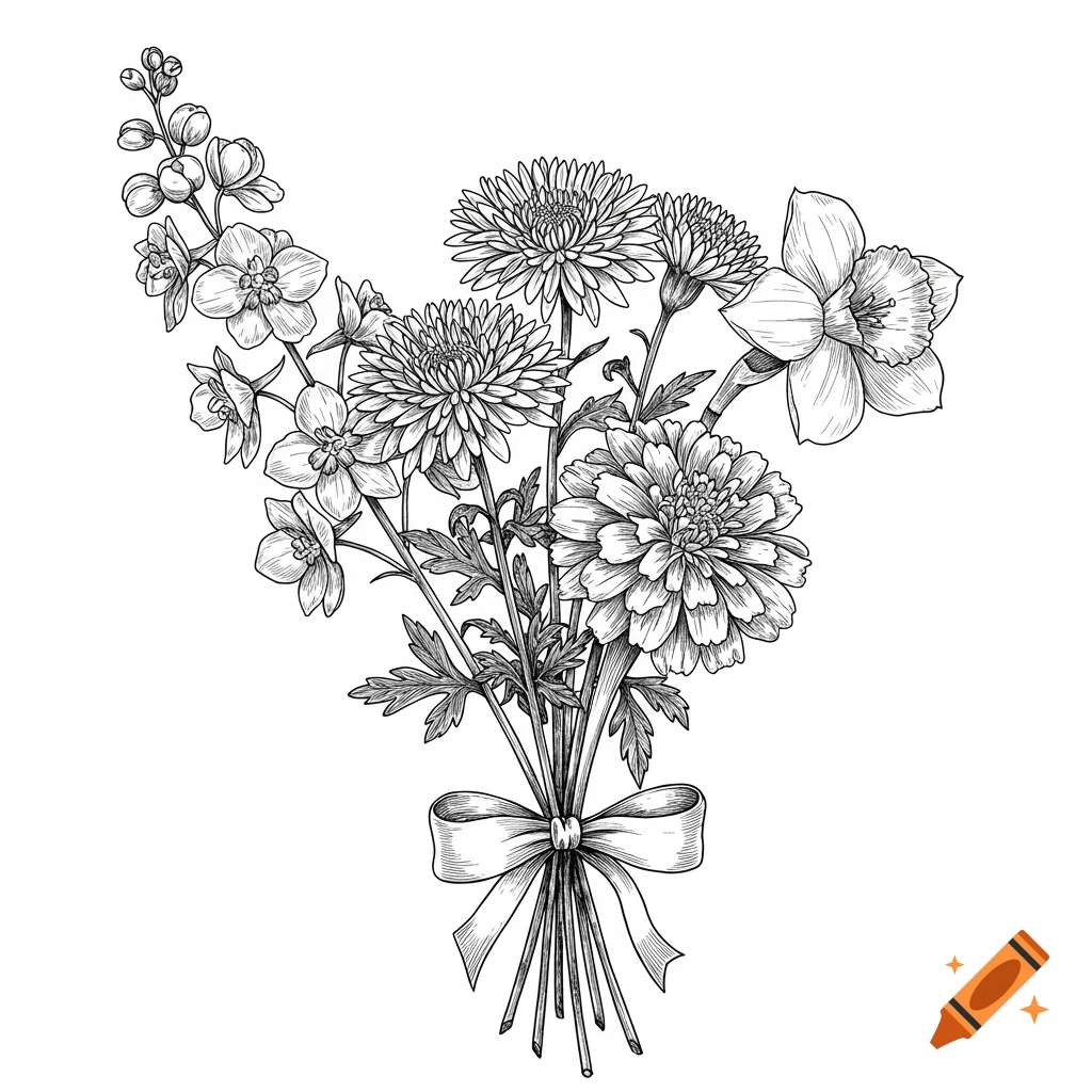 Black and white line drawing of a bouquet of flowers tied with a bow