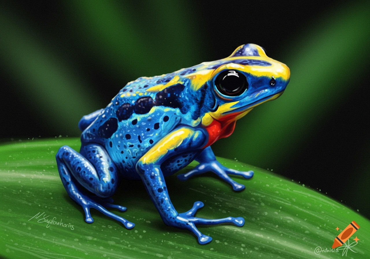 Colorful illustration of a blue, yellow, and red poison dart frog on a green leaf.