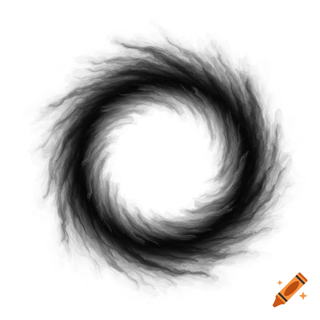 A black and white abstract design featuring a swirling, smoky circular shape.