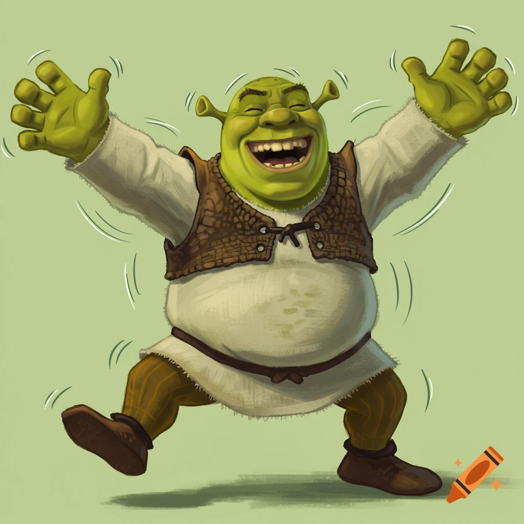 Digital illustration of Shrek laughing hysterically and shaking with arms raised