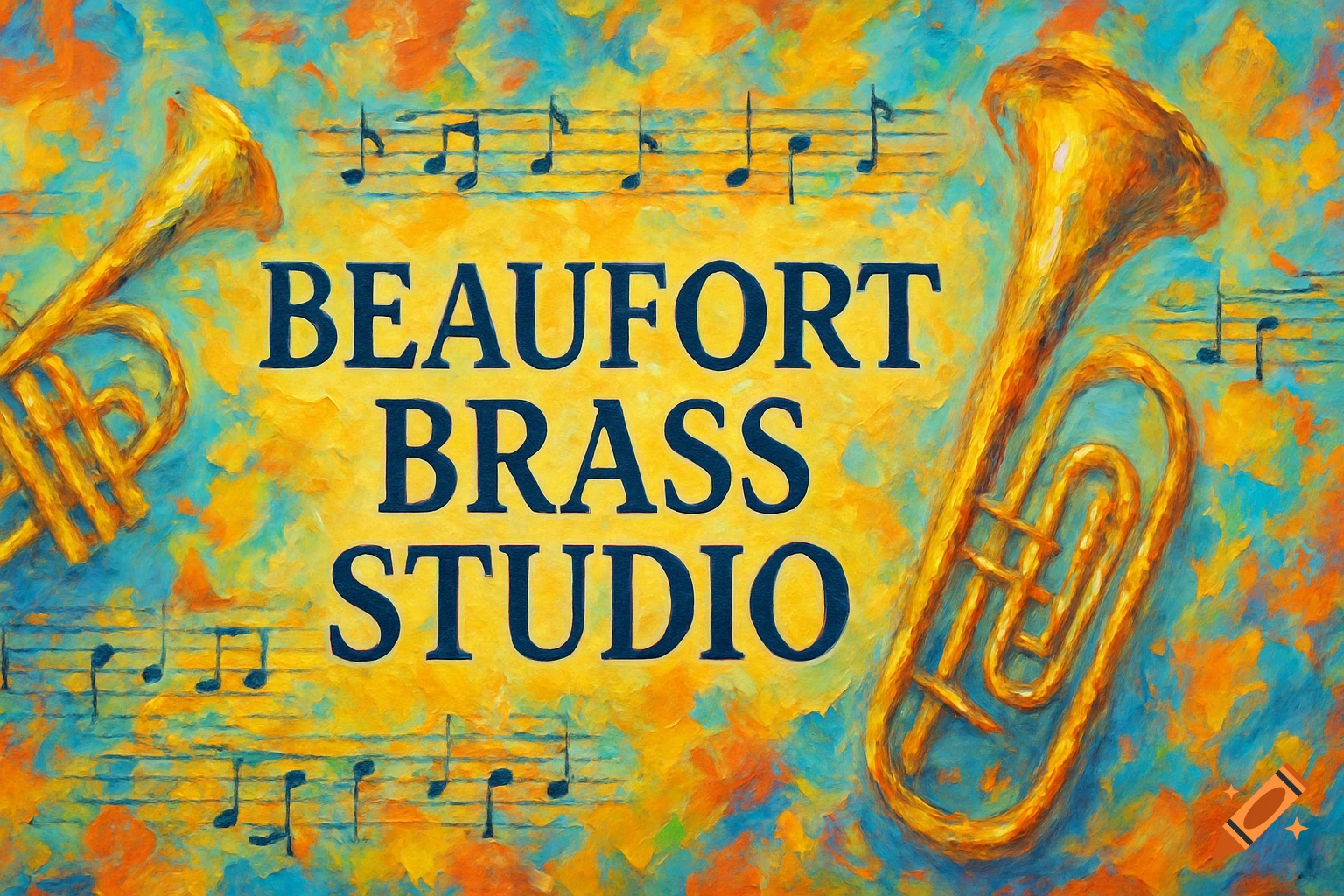 Impressionistic painting of two brass instruments, musical notes, and the text "Beaufort Brass Studio".