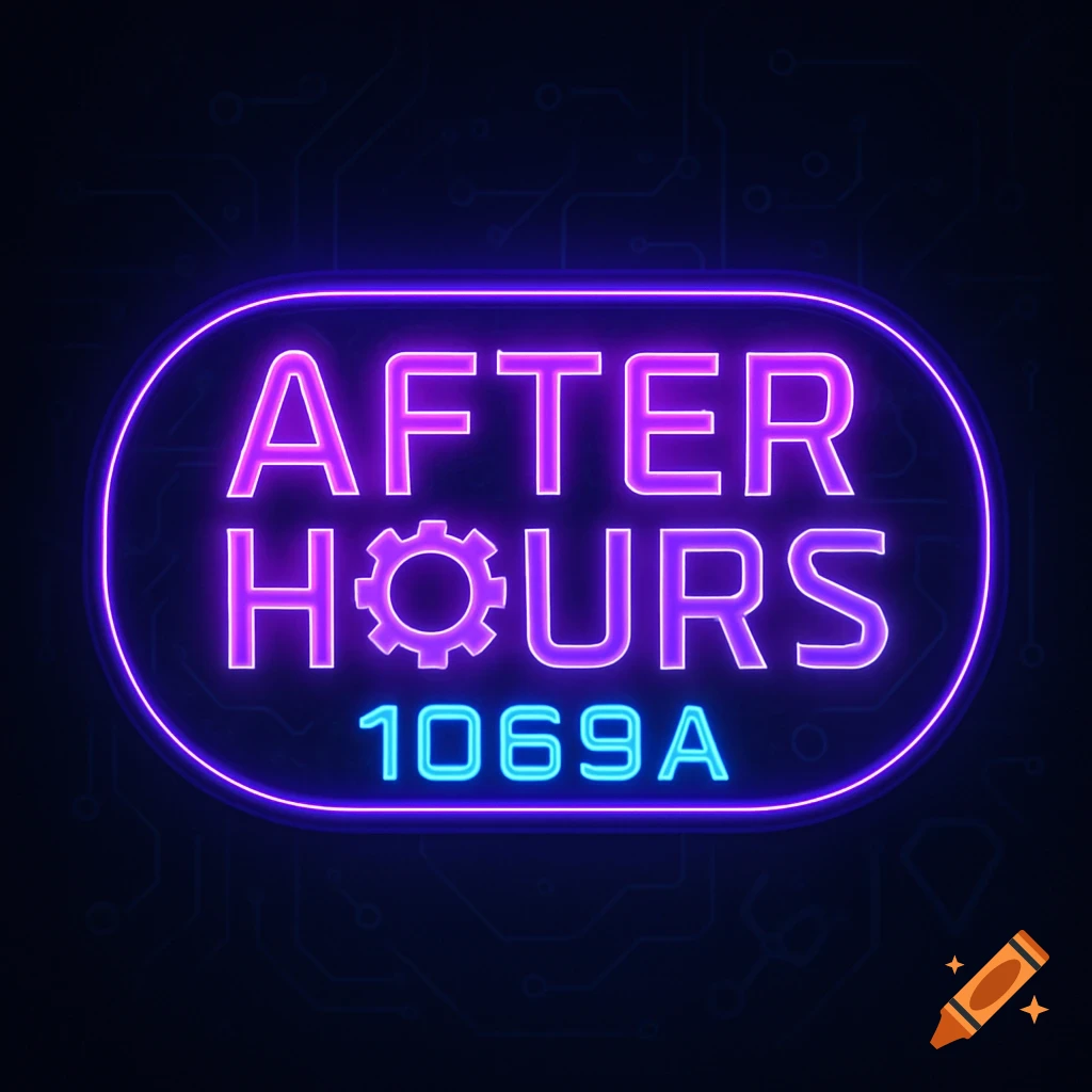 Purple and blue neon sign reading "AFTER HOURS 1069A" on a dark background with a circuit pattern.