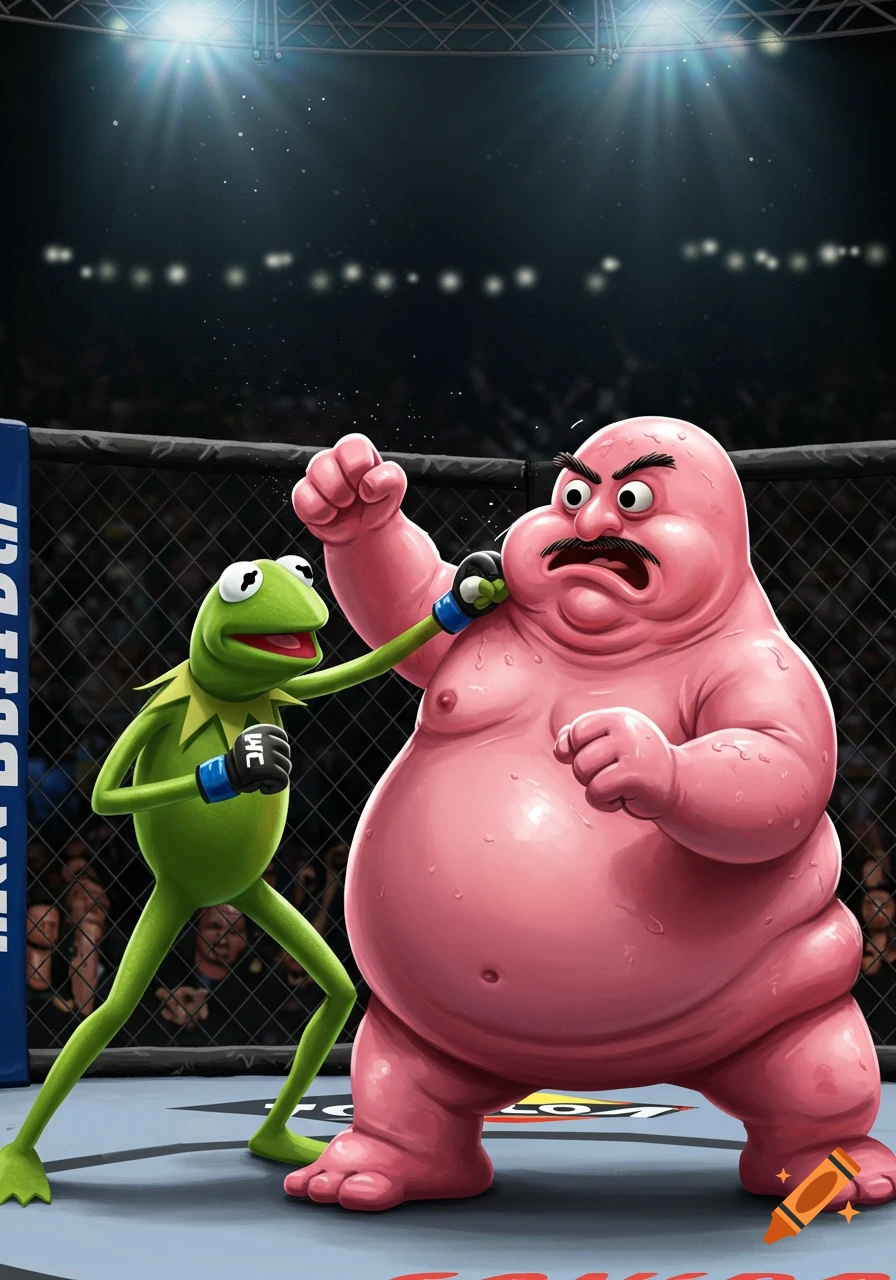 Cartoon Kermit the Frog fighting Mr. Blobby in an MMA octagon ring.