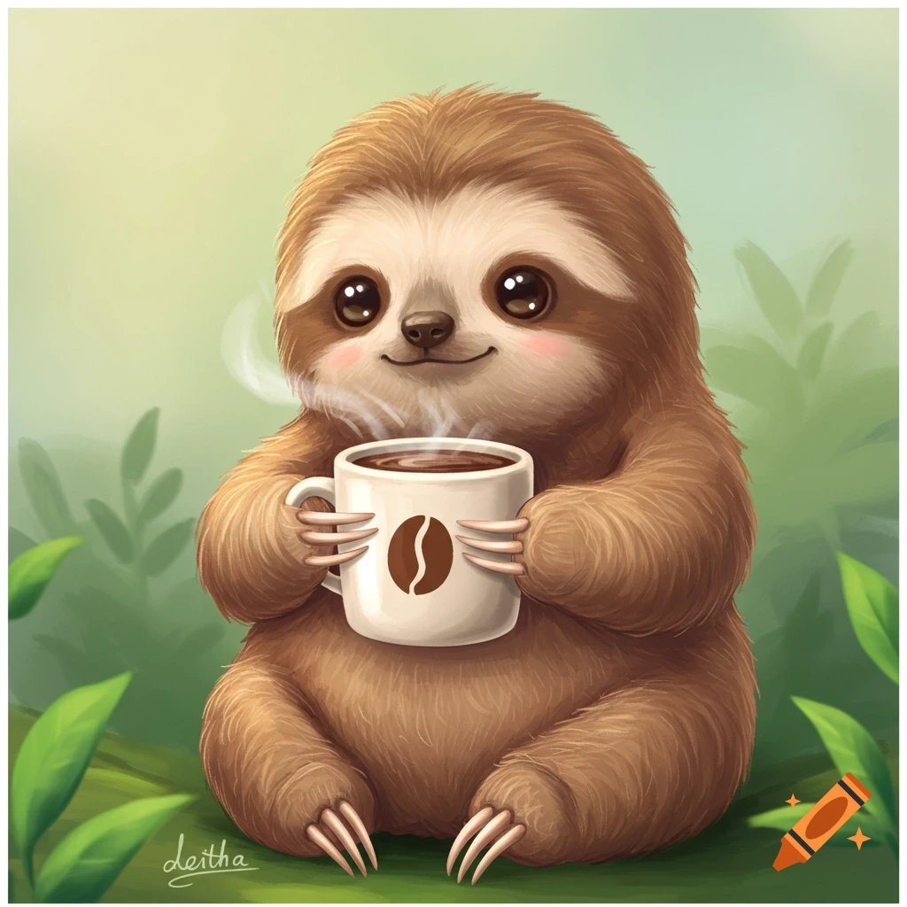 Cute illustration of a sloth holding a coffee mug.