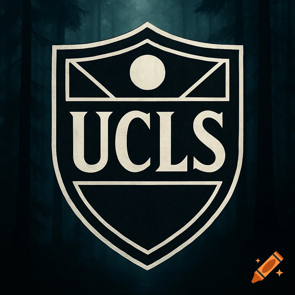Black and white shield badge with UCLS text and geometric shapes over a dark forest background.