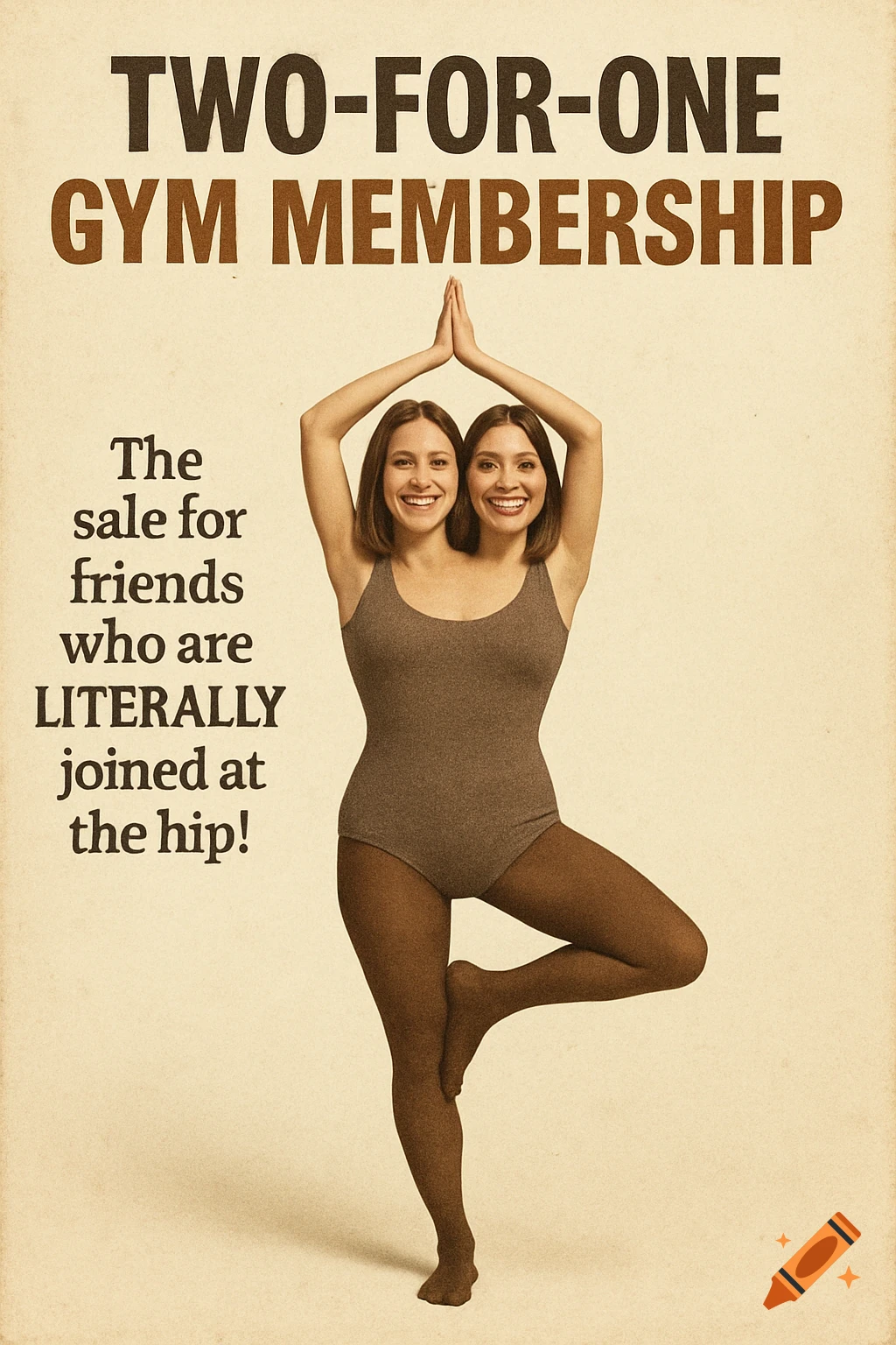 1970s style poster for a two-for-one gym membership featuring a woman with two heads doing a yoga pose.