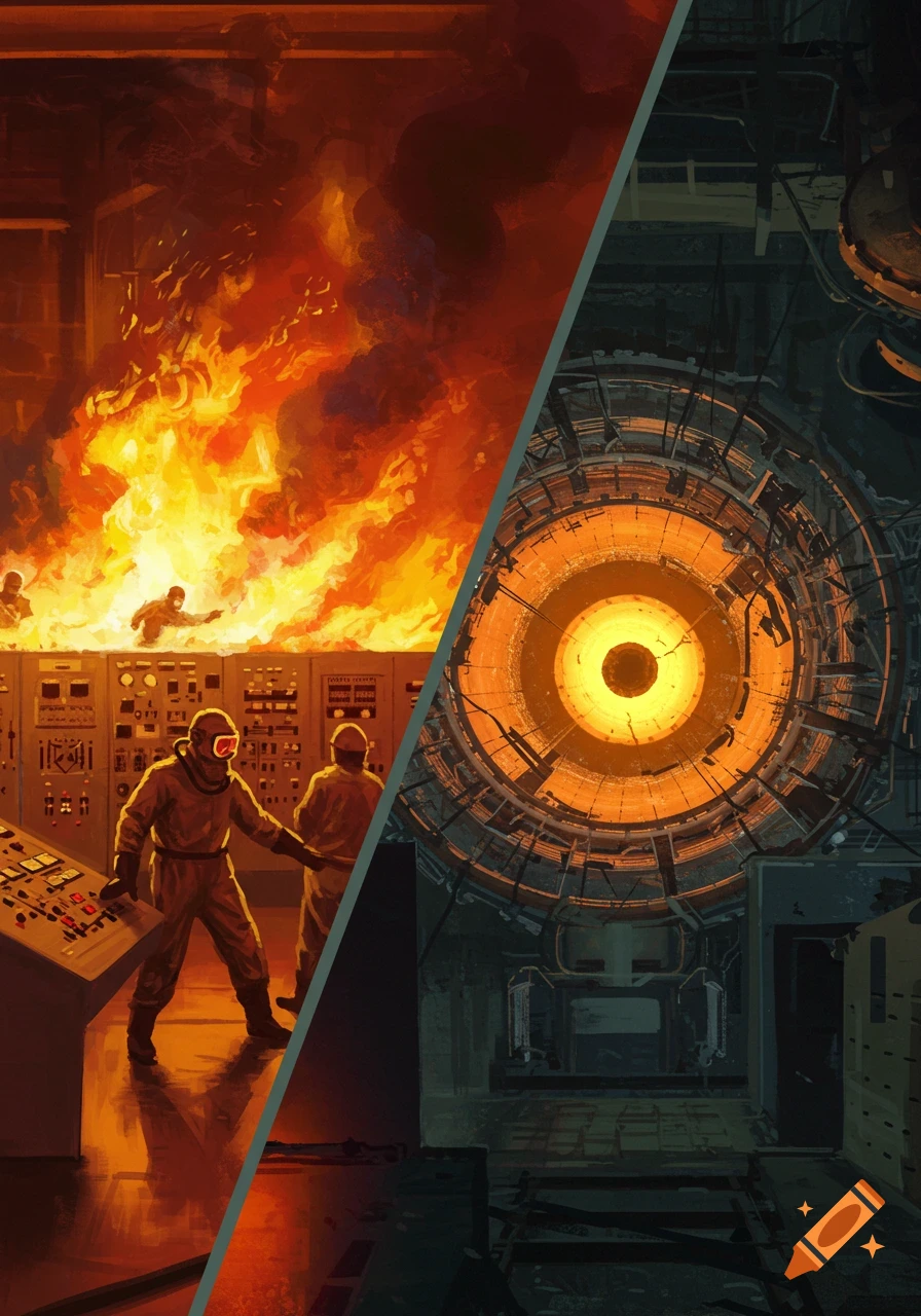 A digital painting split diagonally: left side shows a control room fire with figures, right side shows a glowing reactor core.