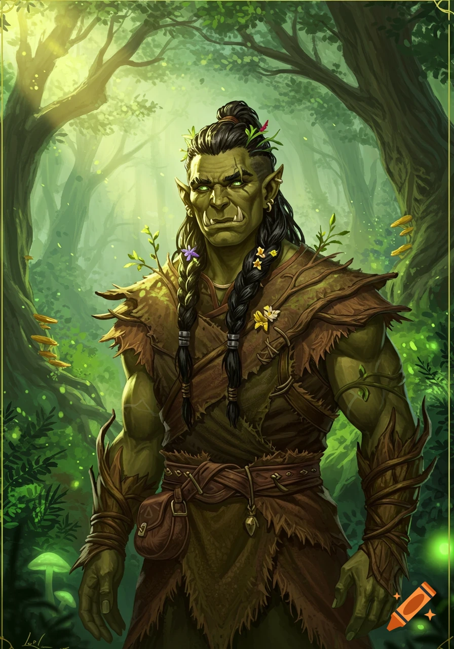 Digital illustration of a half-orc druid in a sunlit forest.