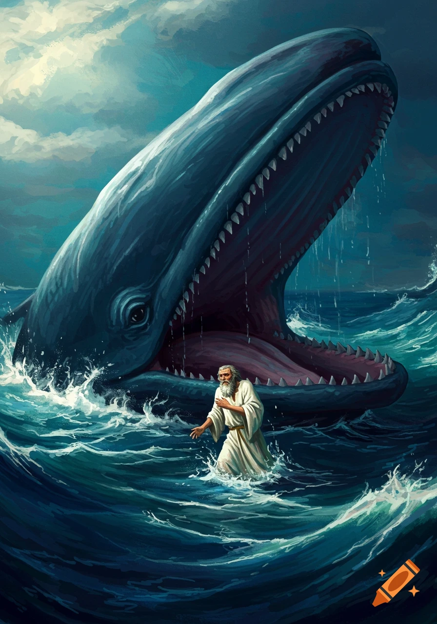 Illustration of a man in the sea next to a large whale with its mouth open.