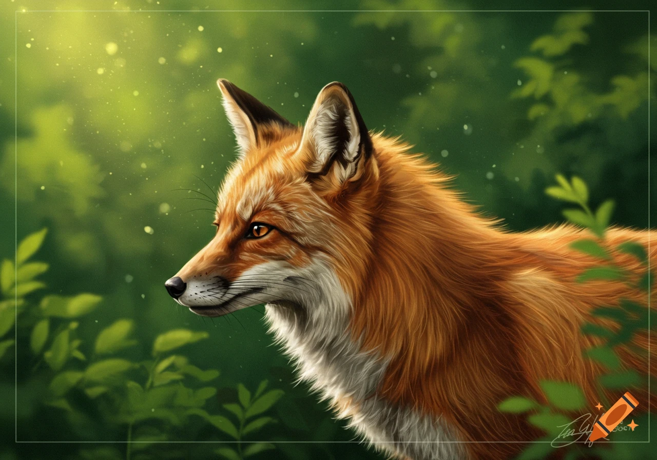 Digital painting of a red fox looking left in a sunlit forest.
