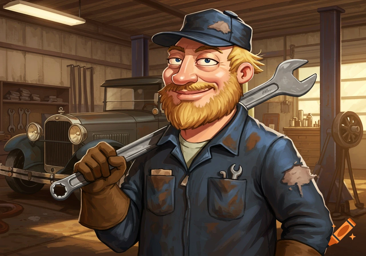 Cartoon of a smiling bearded mechanic holding a wrench in a garage with a vintage car.