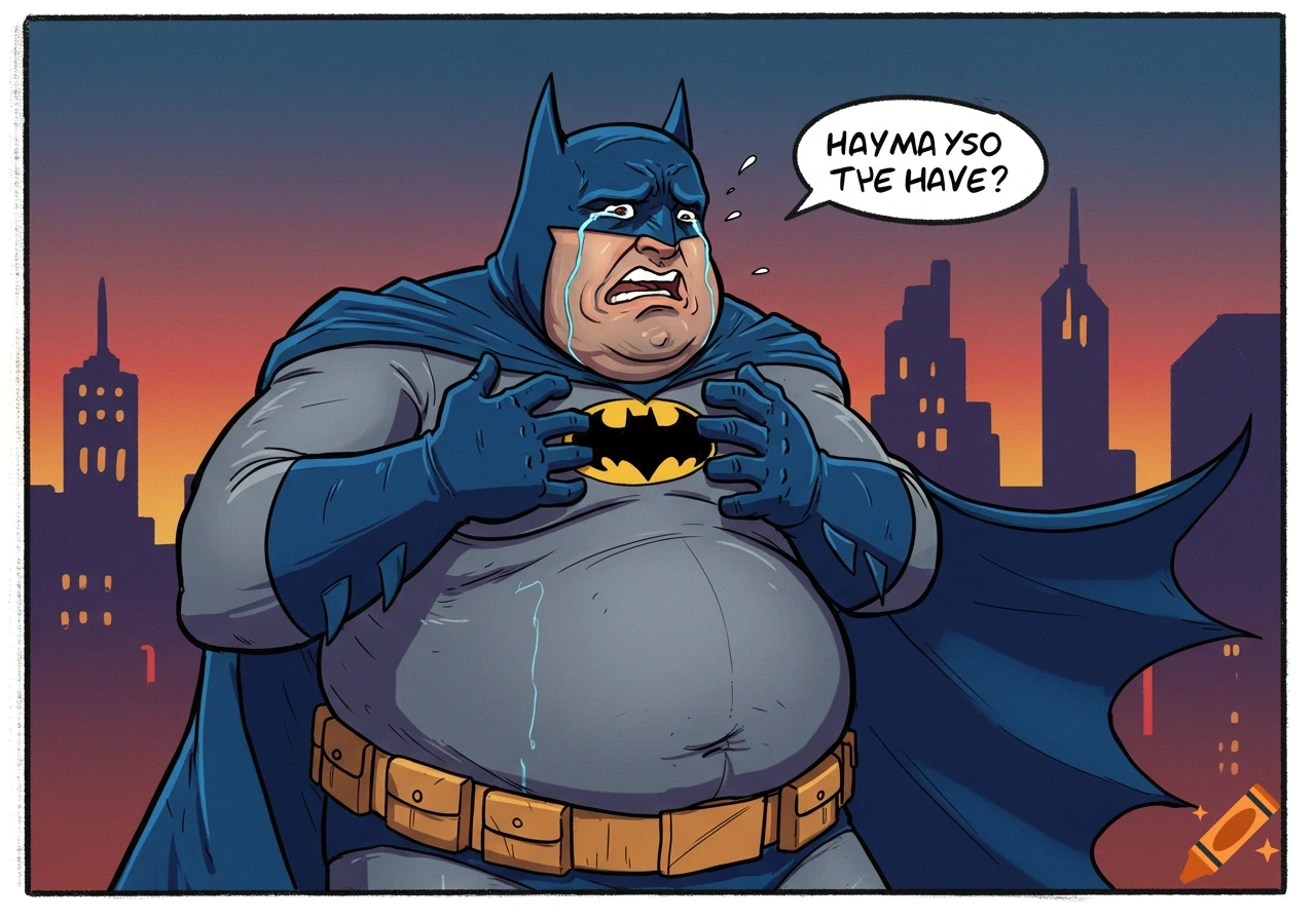 A fat cartoon Batman cries in front of a city skyline at sunset.