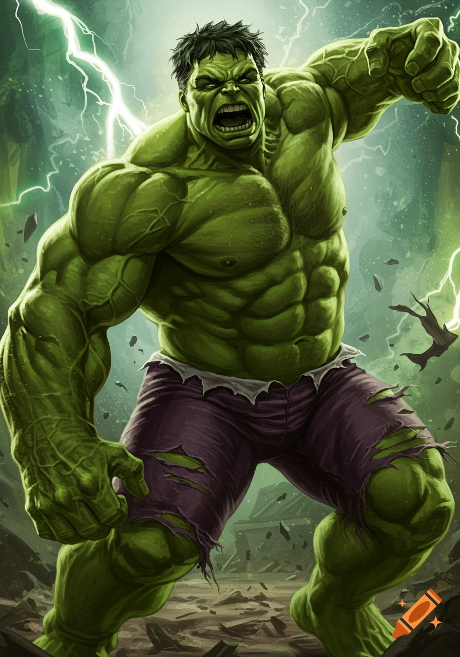 The Hulk, a large green muscular figure, roars with lightning behind him in a dynamic comic art style.