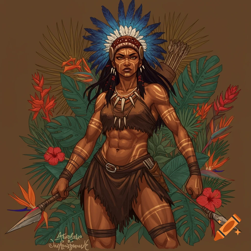 An illustration of a tribal woman warrior with face and body paint, headdress, spear, quiver and bow, surrounded by jungle plants.