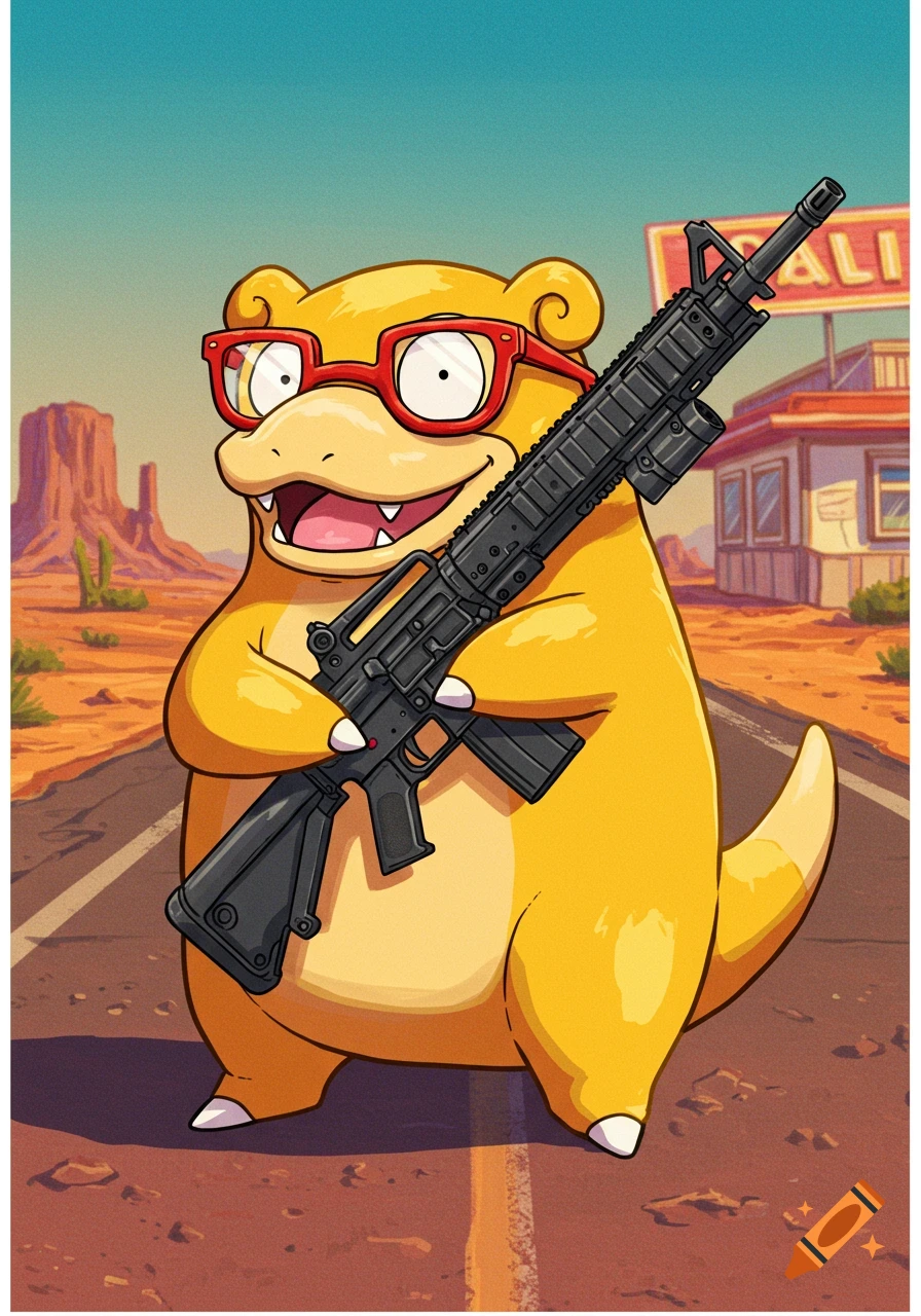 A cartoon Slowpoke wearing red glasses and holding an AR-15 rifle stands on a desert road in front of mesas and a building.