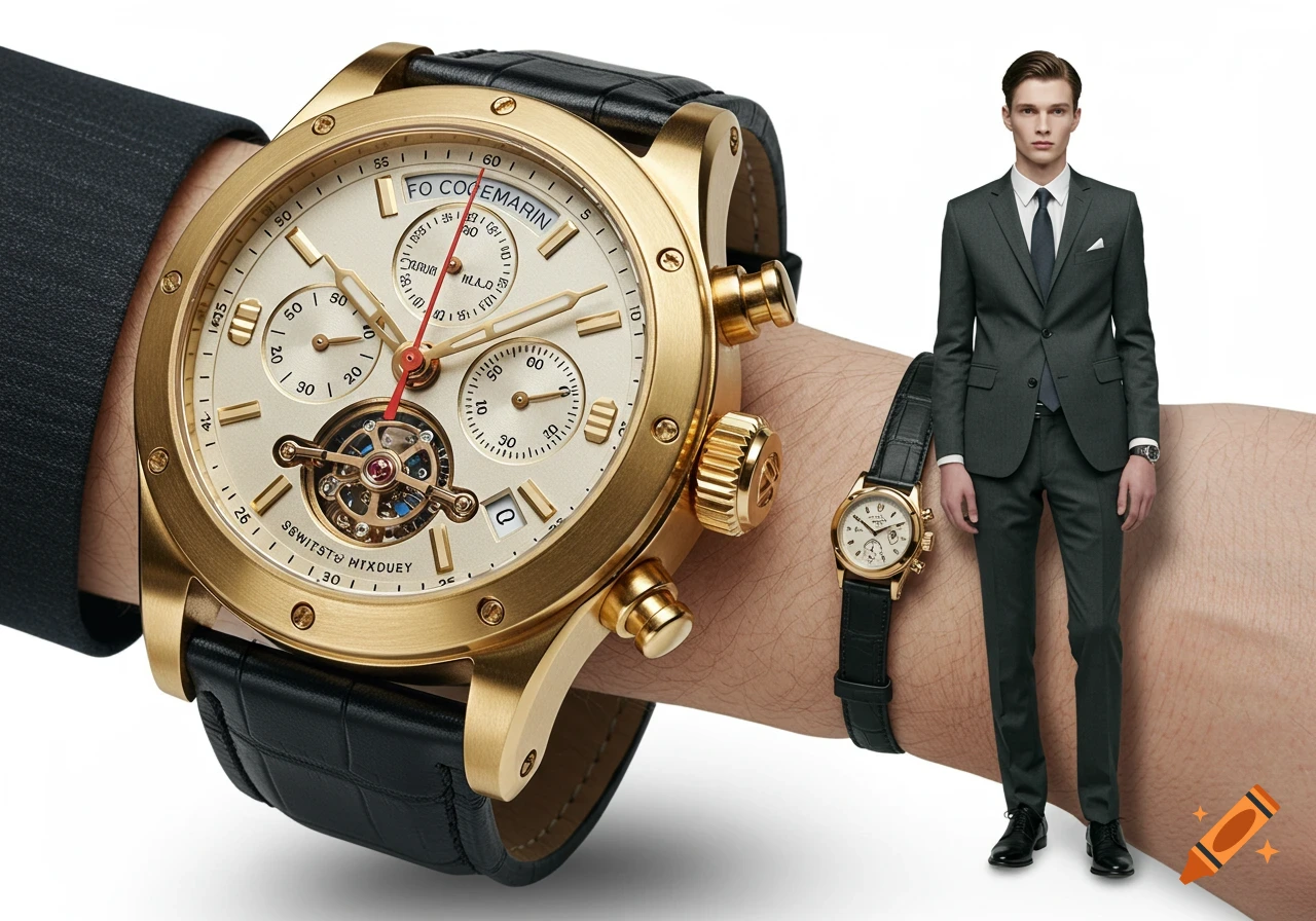 A close-up of a giant gold watch on a wrist next to a man in a suit wearing a tiny gold watch.