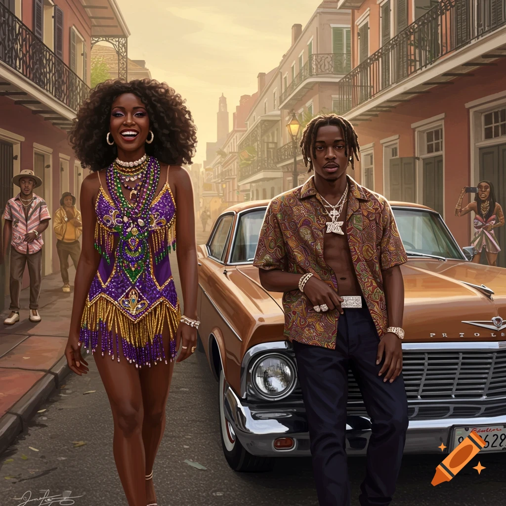 A man and woman in stylish outfits stand beside a vintage car on a New Orleans street.