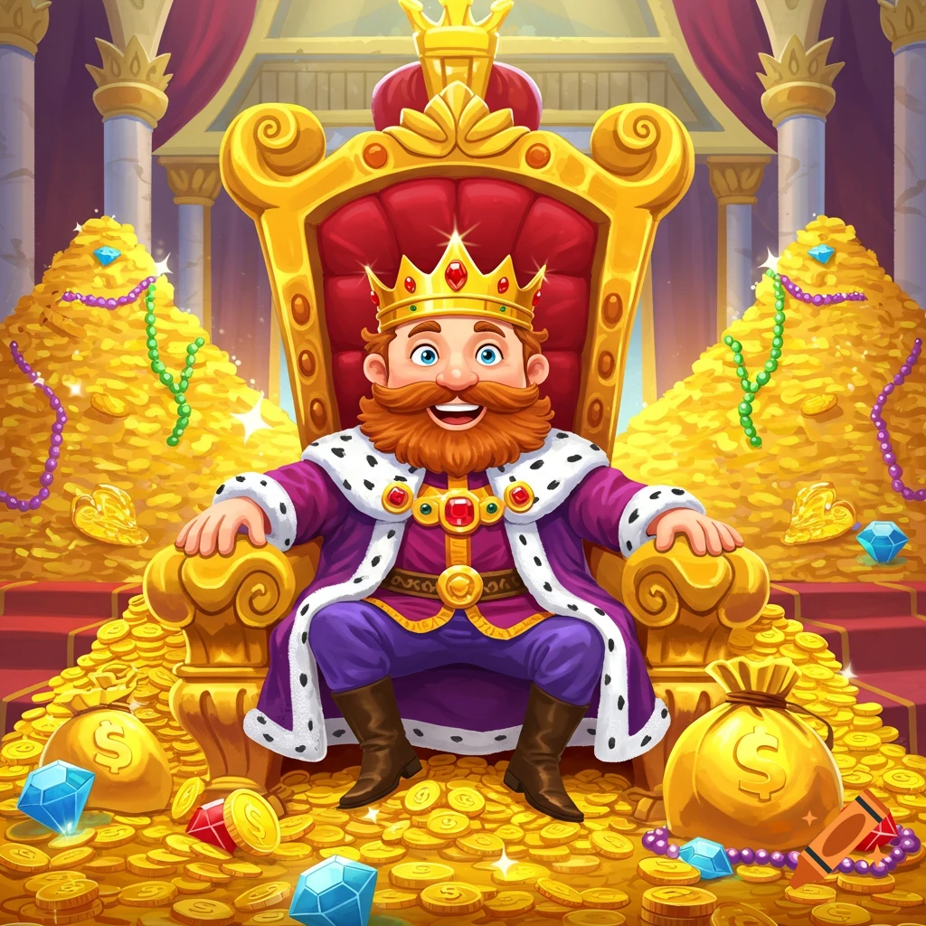 Cartoon king sitting on a golden throne surrounded by piles of gold coins  and jewels. on Craiyon, image size:1024x1024