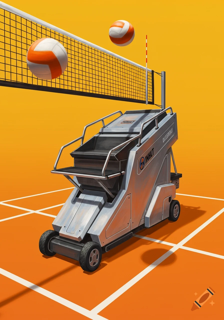 Digital illustration of a volleyball machine on a court with a net and balls.