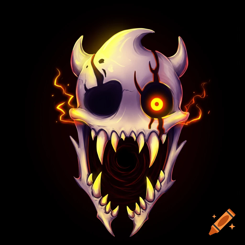Stylized skull monster with horns and glowing eye on black background.