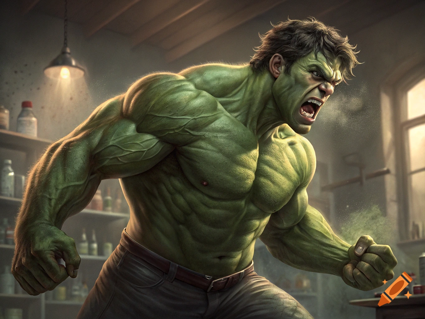 Muscular green figure resembling the Hulk roaring fiercely in a room.