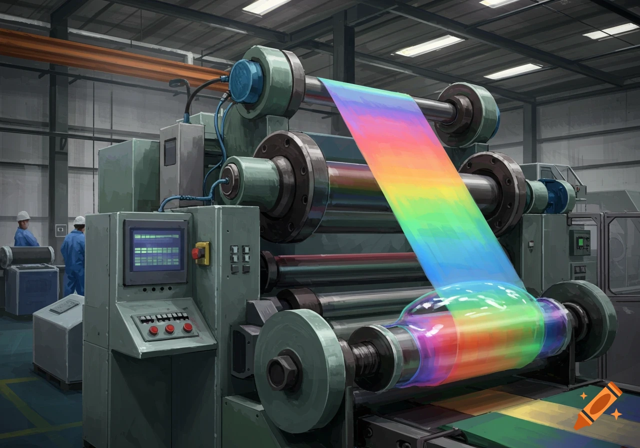 Industrial machinery extruding rainbow film in a factory