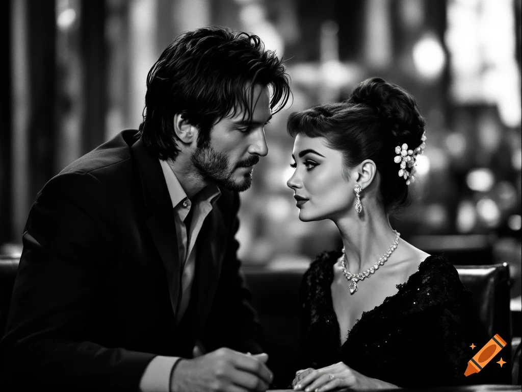 Black and white photo of a man and woman resembling Keanu Reeves and Audrey Hepburn looking at each other