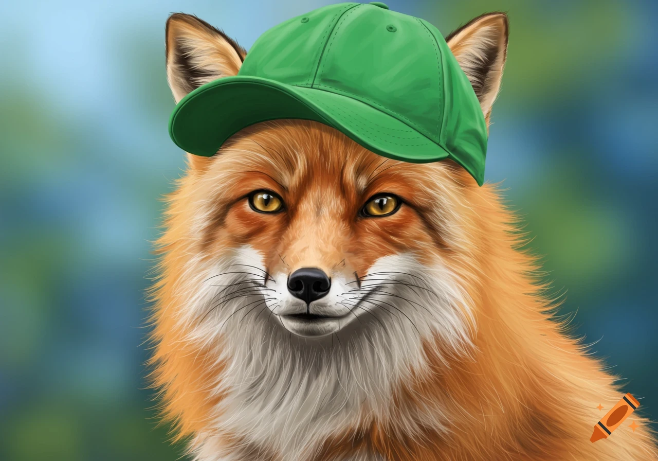 Close-up illustration of a fox wearing a green baseball hat.