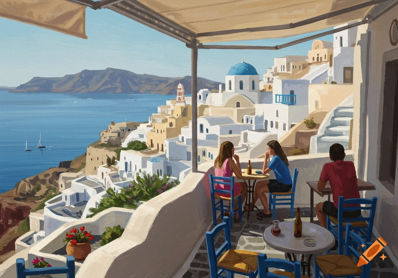 Impressionist painting of people at a cafe overlooking a white village and sea in Greece