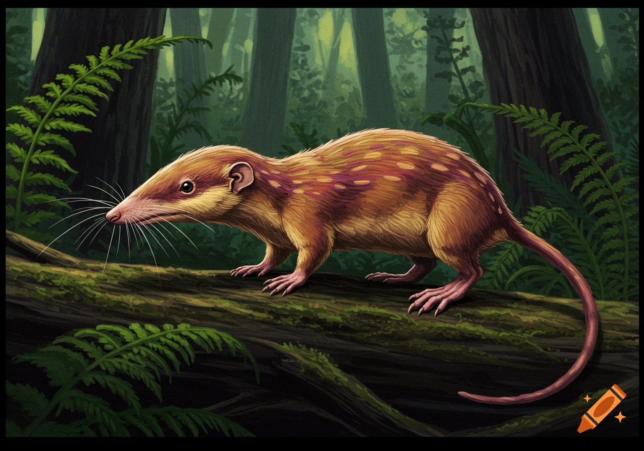 Illustration of a prehistoric mammal on a mossy log in a dark forest.
