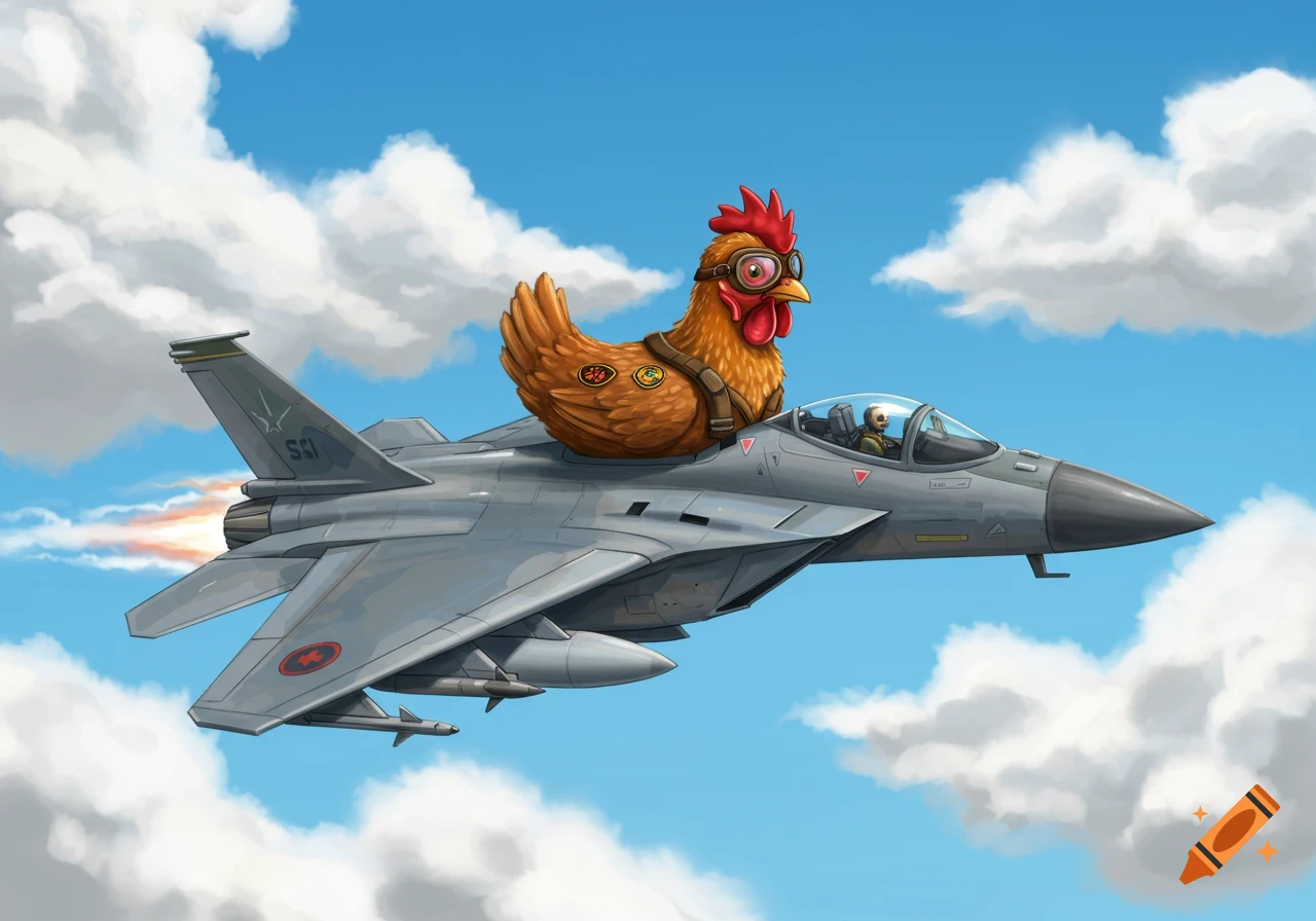 Cartoon chicken with goggles riding on top of a jet plane in the sky.