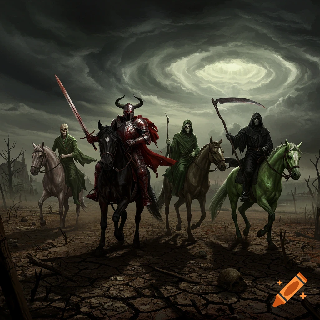 Four figures resembling the Four Horsemen of the Apocalypse ride through a desolate, cracked wasteland under a swirling sky.