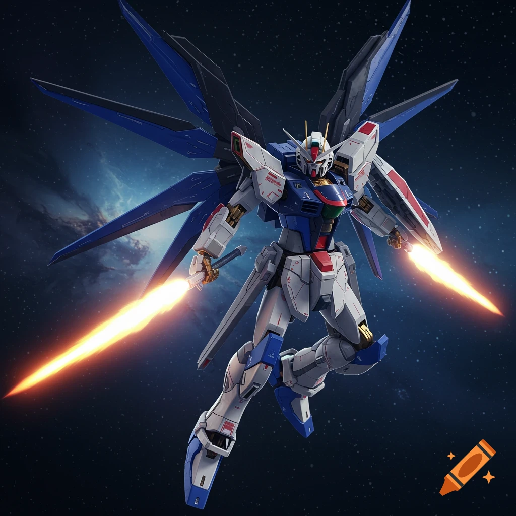 A blue and white futuristic mecha with large wings holds two glowing beam sabers while flying in space.