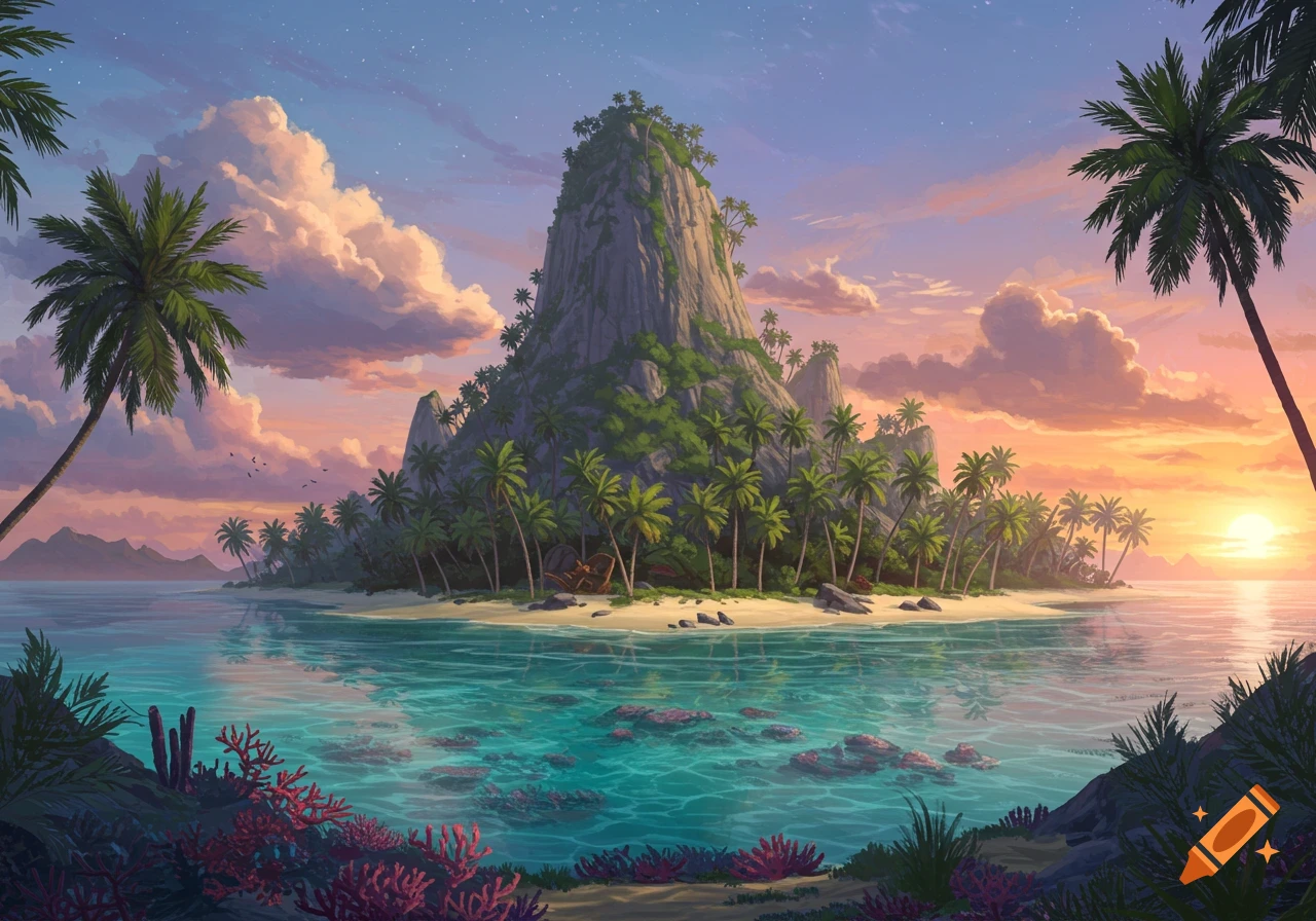 Tropical island landscape with a rocky mountain, palm trees, and clear water at sunset.
