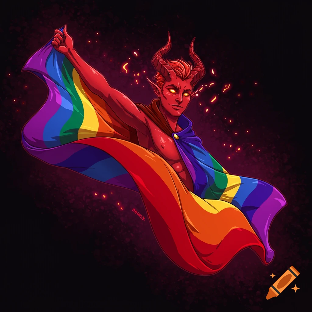 Red demon character holding a rainbow pride flag